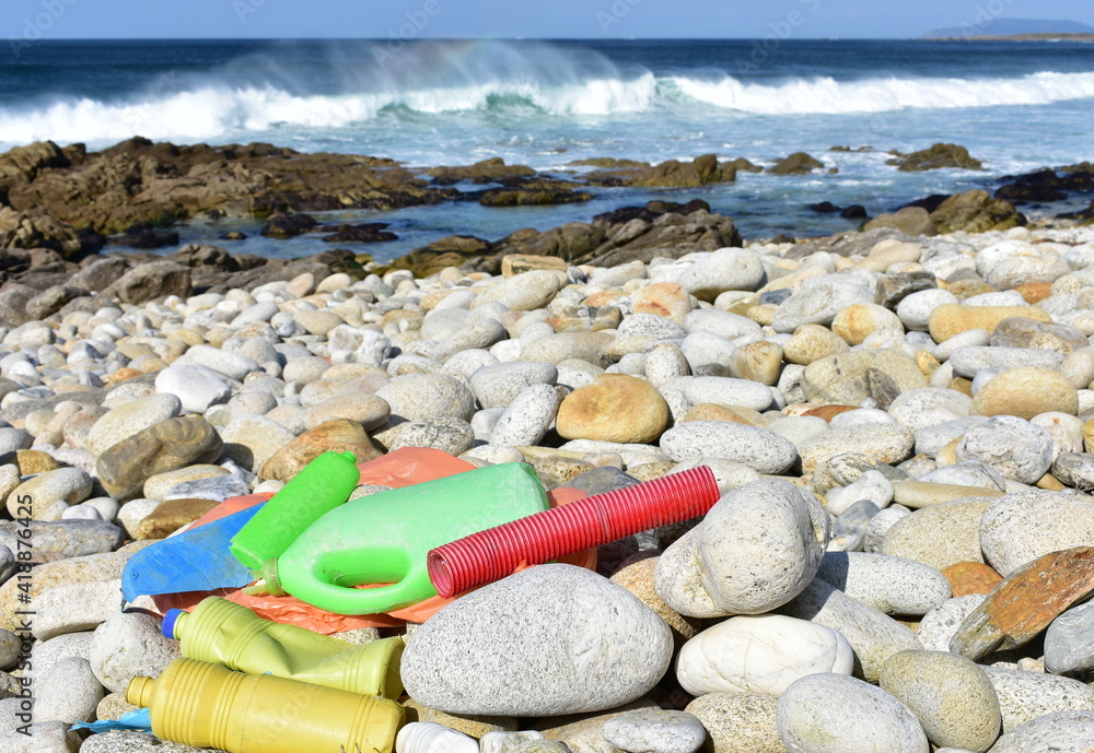 Beach with plastic pollution at famous Rias Baixas Region. Galicia, Spain. Beach with plastic pollution at famous Rias Baixas Region. Galicia, Spain.