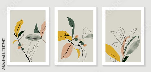 Botanical wall art vector set. Golden foliage line art drawing with watercolor.  Abstract Plant Art design for wall framed prints, canvas prints, poster, home decor, cover, wallpaper.