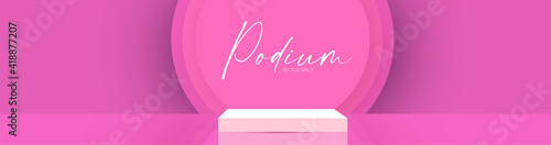 3D podium with soft spotlight. Realistic minimal empty scene. Showcase and shelf. Trendy empty stage