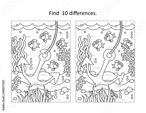 Find 10 differences underwater life scene wiith anchor
