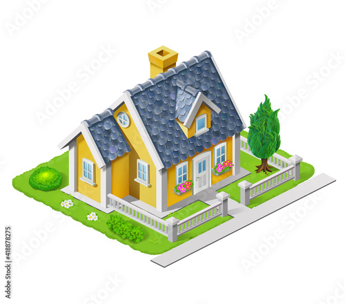 Isometric 3D house illustration adapted for use in games and large scenes of settlements and cities. Freehand illustration of an beautiful house surrounded by grass, trees and flowers.