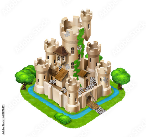 Medieval isometric 3D castle illustration adapted for use in games and large scenes of settlements and cities. Freehand illustration of an old castle surrounded by    water channel, grass and trees.