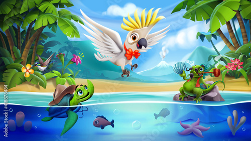 High quality 3D  freehand illustration  the magical world of animals on a beautiful beach. Illustration of cute animals for children book, print, game and other.