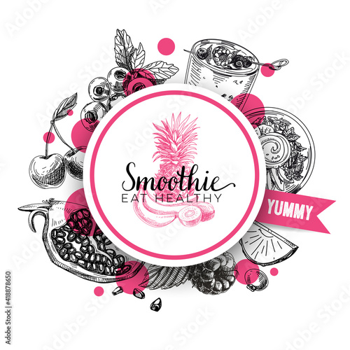 Circular frame for smoothie label, rounded by fruits and berries ingredients, hand drawn vector illustration.