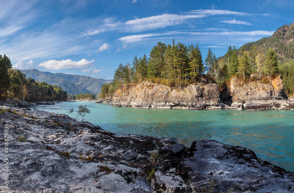 Katun River in the Altai Mountains, turquoise water, rocks and forest