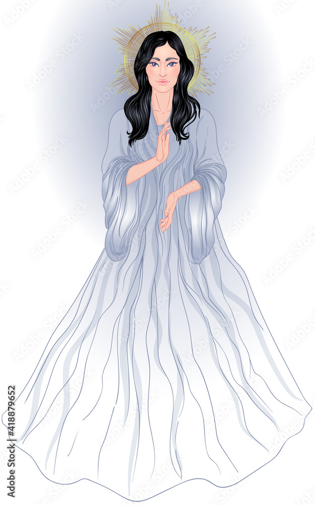 Lady of Sorrow. Devotion to the Immaculate Heart of Blessed Virgin Mary, Queen of Heaven. Vector illustration over halo or ornate mandala isolated. Hand-drawn, religion, spirituality, occultism.