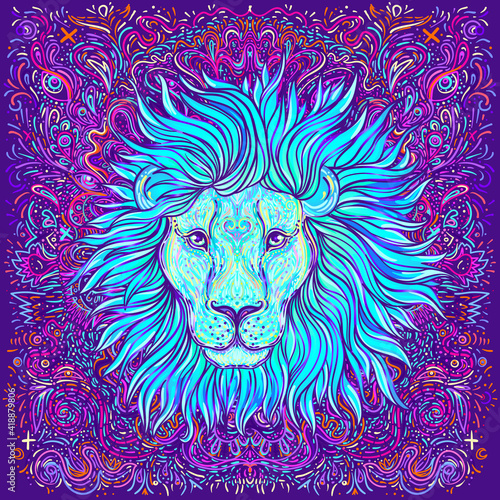 Patterned ornate lion head. African, Indian, totem, tattoo, sticker design. D...