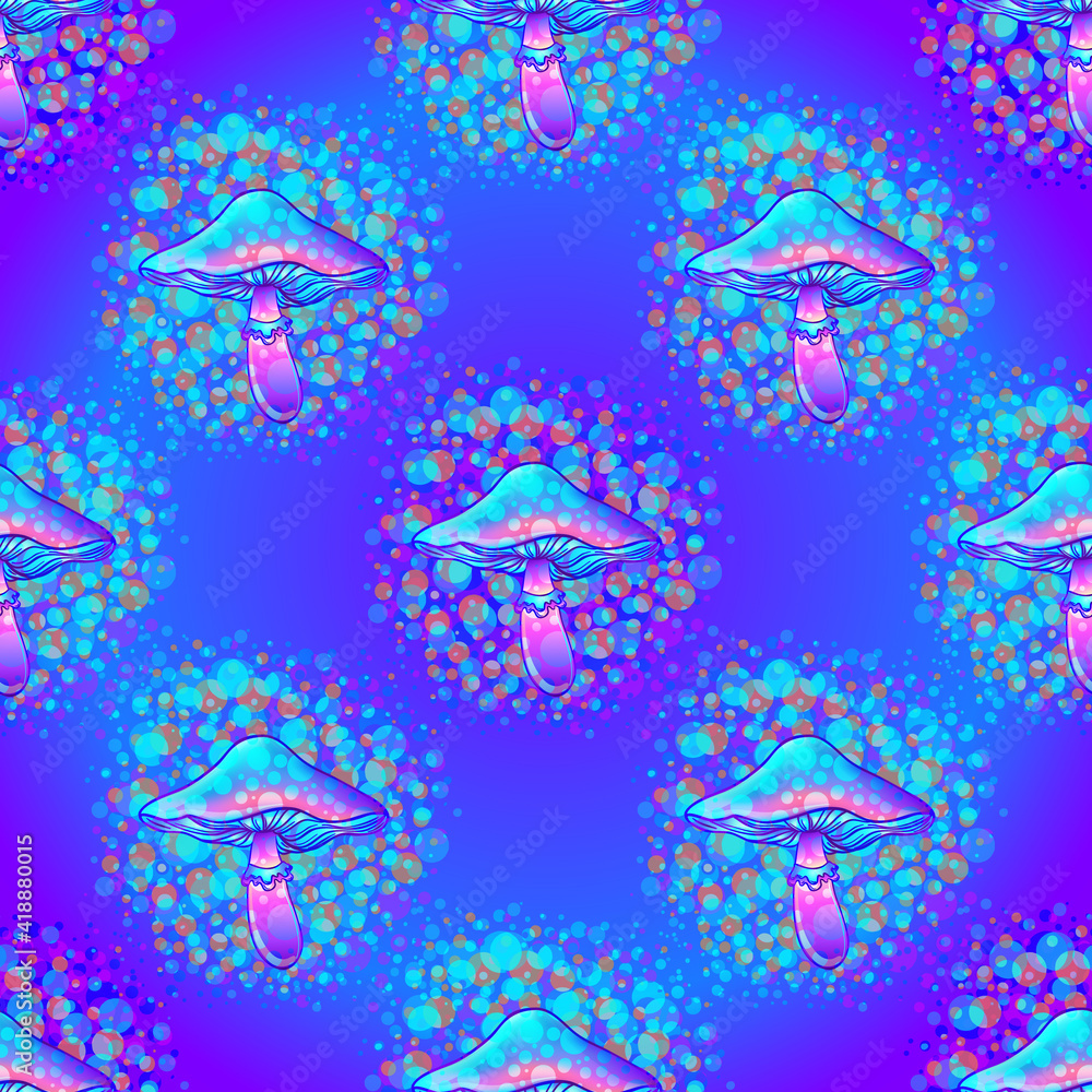 Magic mushrooms. Seamless pattern. Psychedelic hallucination. Vibrant vector illustration. 60s hippie colorful art. Hand drawn element in ethnic style. Spiritual background, wallpaper texture. Magic mushrooms. Seamless pattern. Psychedelic hallucination. Vibrant vector illustration. 60s hippie colorful art. Hand drawn element in ethnic style. Spiritual background, wallpaper texture.