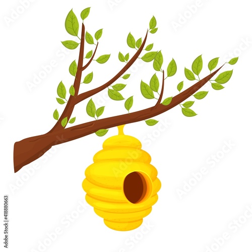 Bee hive on tree branch in cartoon style isolated on white background. Wild, hanging construction. Bee colony home. 