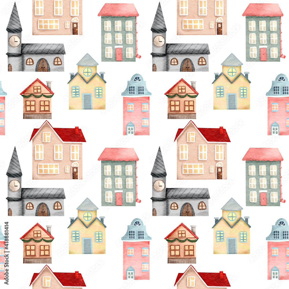 Hand drawn watercolor town seamless pattern with cute colorful houses in cartoon cute style. illustration on white. illustration for design card, fabric, background