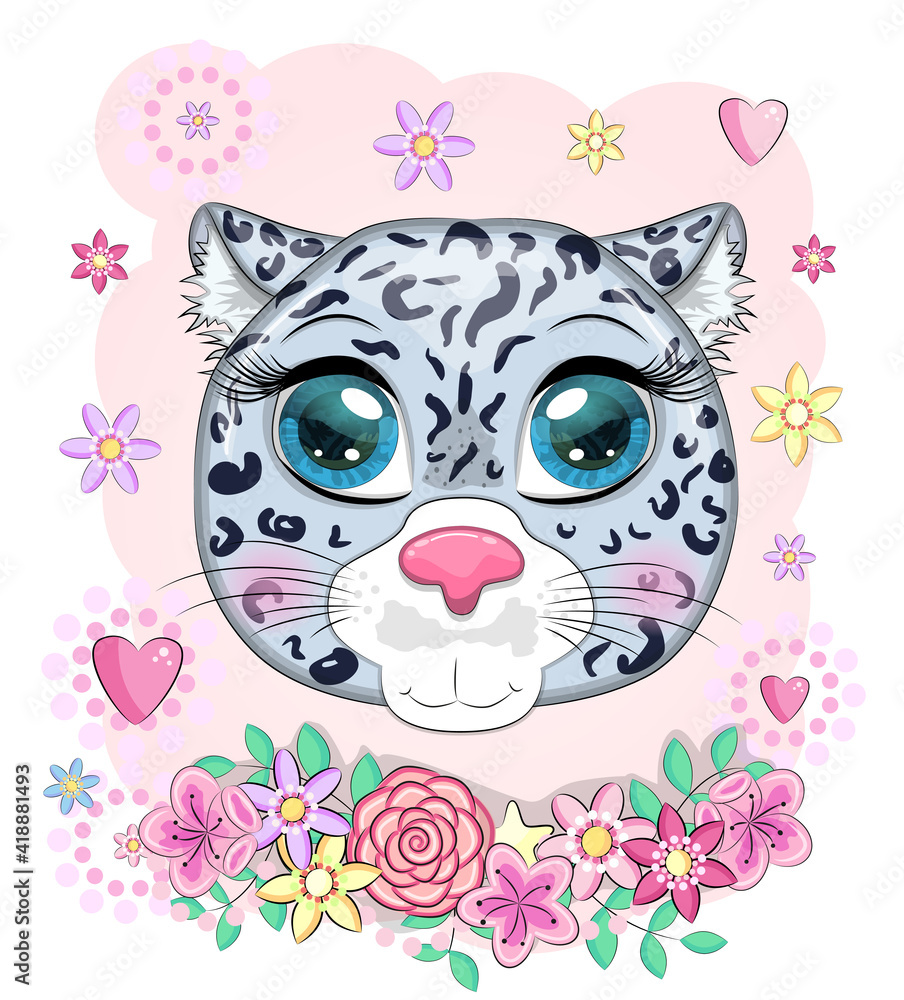 Fototapeta premium Cartoon snow leopard with expressive eyes among flowers, hearts, decorative elements. Wild animals, character, childish cute style