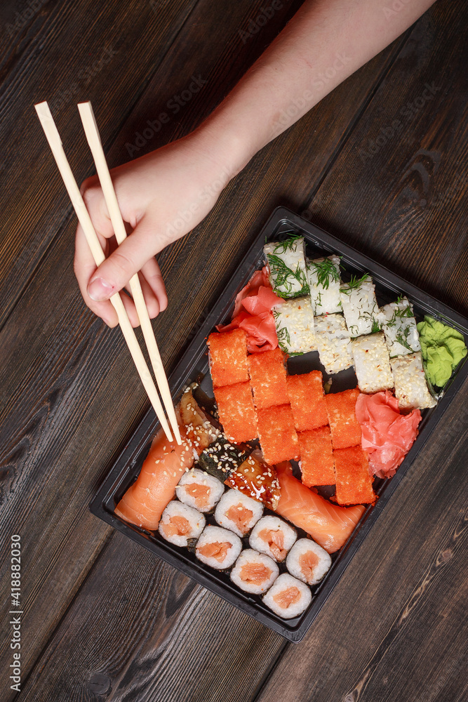 set sushi rolls delicacy wooden sticks top view japanese cuisine set sushi rolls delicacy wooden sticks top view japanese cuisine