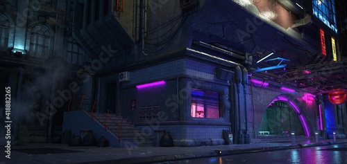 3d illustration of an old building on a street of futuristic city. Beautiful night scene with blue and purple neon lights in cyberpunk style. Gloomy urban landscape.	