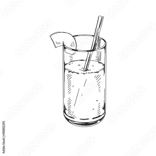 Coconut milk glass with straw, retro hand drawn vector illustration.