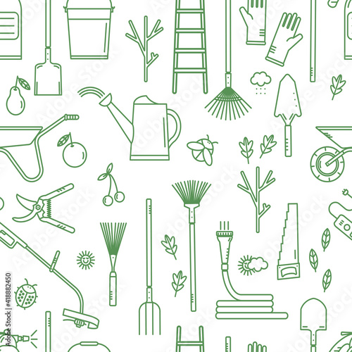 Seamless pattern with garden tools.  Isolated working equipments on white background. 