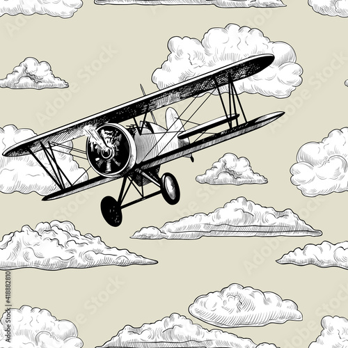 Seamless pattern with airplane and clouds. Hand-drawn vector vintage Illustration.