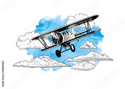 Airplane in the sky with clouds. Image of a biplane on a watercolor stain. Hand-drawn vector vintage Illustration.