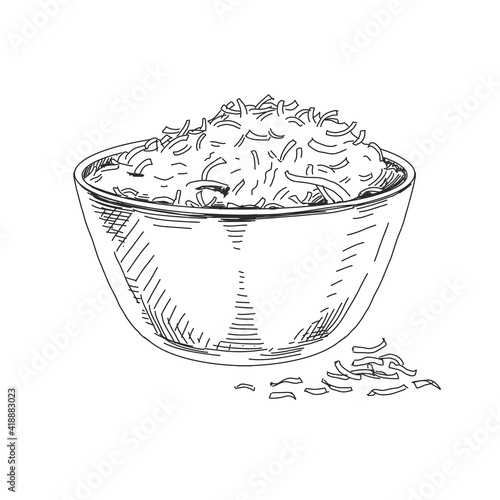 Coconut flakes bowl, retro hand drawn vector illustration.