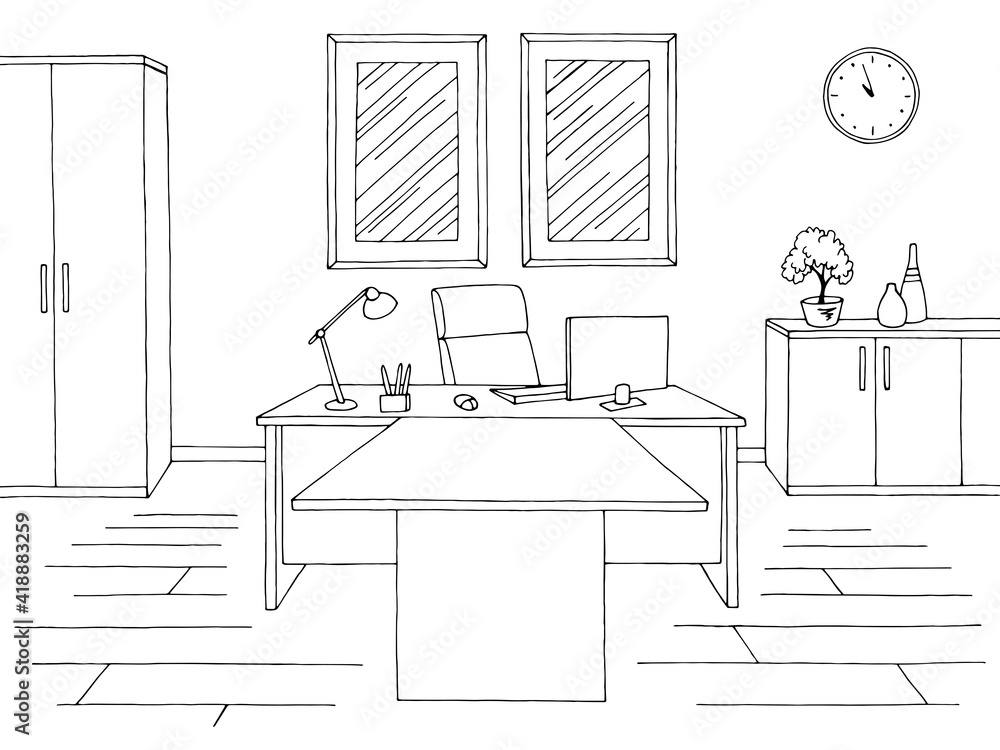 Office room graphic black white interior sketch illustration vector 