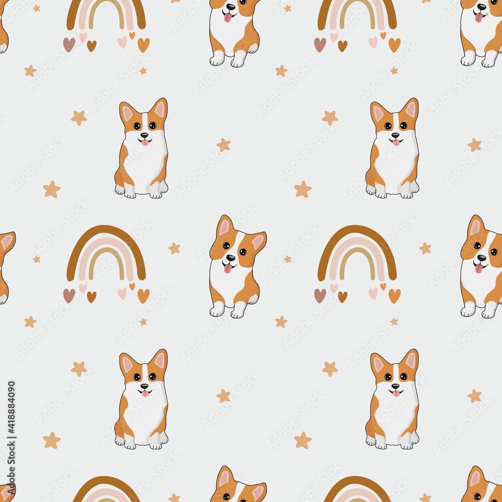 Seamless vector pattern with corgi and rainbow. Trendy baby texture for fabric, wallpaper, apparel, wrapping