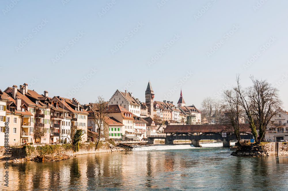 Bremgarten, Altstadt, Reuss, Reussbrücke, Muri-Amthof, Holzbrücke, Reusskraftwerk, Altstadthäuser, Spittelturm, Fluss, Aargau, Frühling, Schweiz