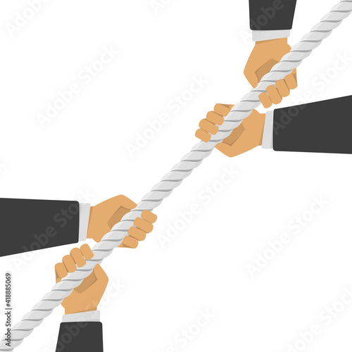 Two Businessmen pull the rope as a symbol of rivalry, competition, conflict. Tug war, two mans pulling a Rope in opposite directions. Vector illustration in flat style. EPS10.
