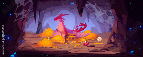 Dragon protect gold pile in cave, fantasy character guard treasure in mountain cavern. Magic creature of medieval fairytale, flying animal, book or computer game personage, Cartoon vector illustration