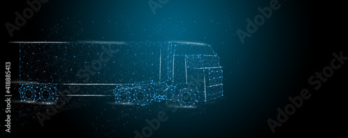 Cargo truck with semi-trailer from abstract futuristic polygonal black lines and dots. illustration