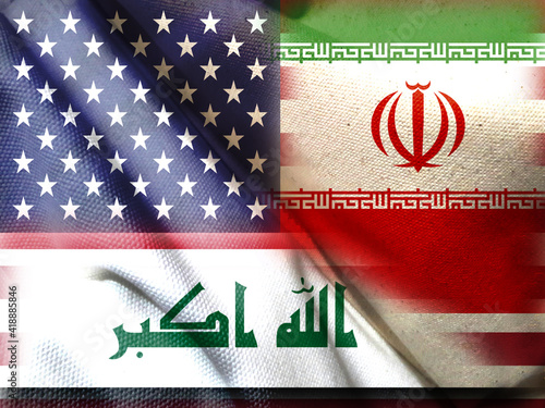 Iran and Iraq and USA Realistic Three Flags Together photo