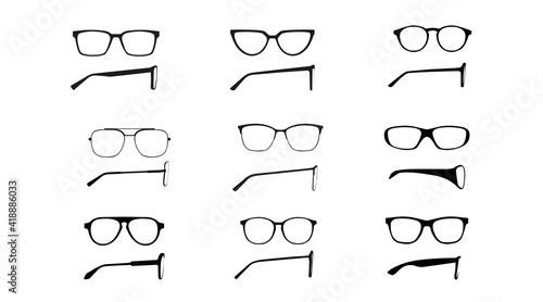 Vector isolated Illustration of a Glasses Frame Set. Set of Black glasses Frame Front and Side View photo
