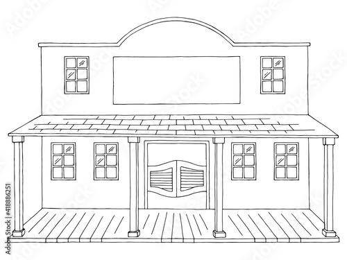 Old building wild west exterior graphic black white isolated sketch illustration vector