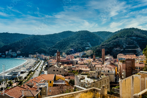 landscapes of the Ligurian coast in Noli, in the province of Savona. With its medieval towers and its history as a maritime republic