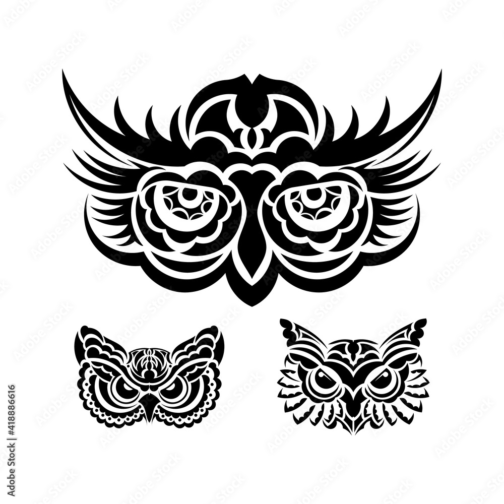 Set of Owl Faces print. Polynesia and Maori patterns. Good for t-shirts, cups, phone cases and more. Vector illustration. Set of Owl Faces print. Polynesia and Maori patterns. Good for t-shirts, cups, phone cases and more. Vector illustration.