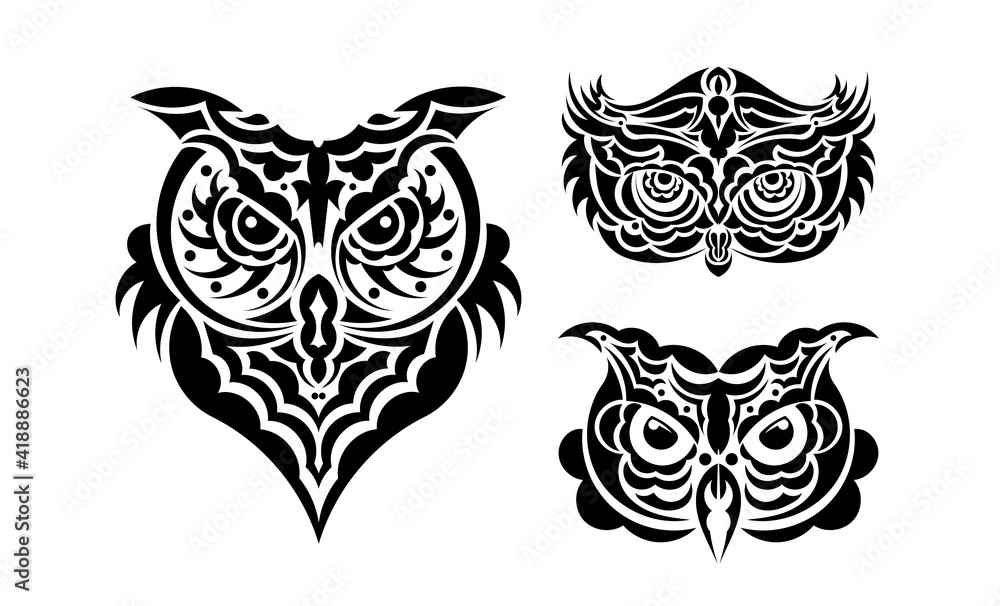 Set of Owl Faces print. Polynesia and Maori patterns. Good for t-shirts, cups, phone cases and more. Vector