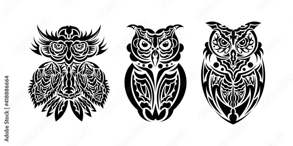 Set of owls print. Polynesia and Maori patterns. Good for t-shirts, cups, phone cases and more. Vector illustration.