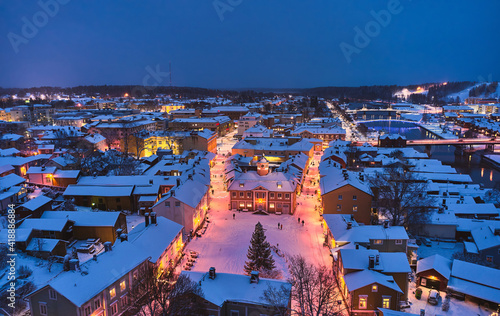 Aerial view of Old Porvoo in the winter evening with Christmas decoration, Finland. Porvoo is one of the most famous, beautiful old Finnish cities.