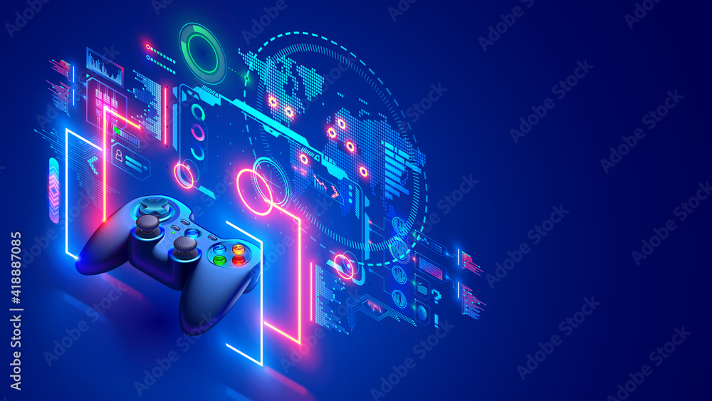 Online video games concept banner. E sports in internet. Computer network  games. Entertainment technology. Gamepad hovered near holographic interface  and world virtual map. Web gaming communication. Stock Vector | Adobe Stock