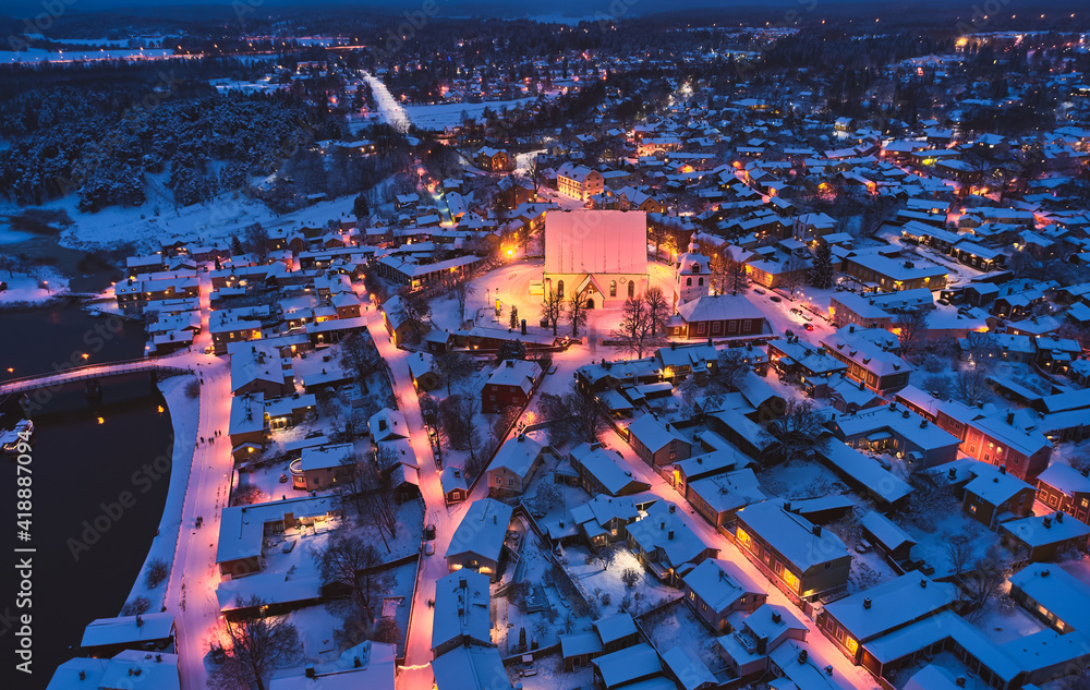Aerial view of Old Porvoo in the winter evening with Christmas decoration, Finland. Porvoo is one of the most famous, beautiful old Finnish cities.