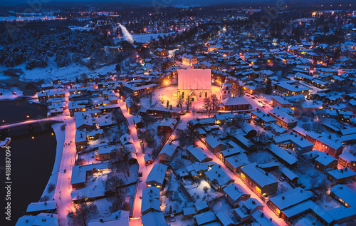 Obraz na płótnie Aerial view of Old Porvoo in the winter evening with Christmas decoration, Finland. Porvoo is one of the most famous, beautiful old Finnish cities. w salonie