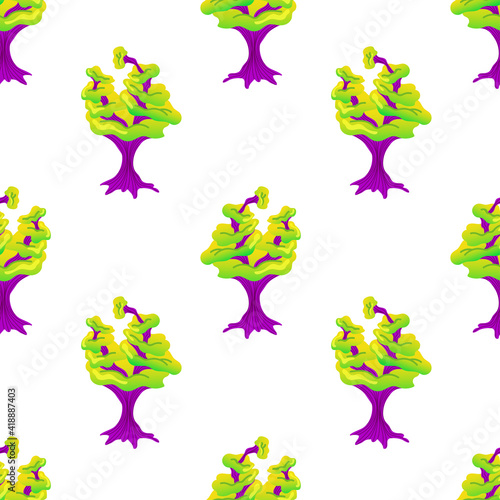 Seamless pattern with magic mushrooms on a white background. Fantastic mushroom pattern of purple stems and green multistory hats. Vector illustration of unreal mystical, alien plants.