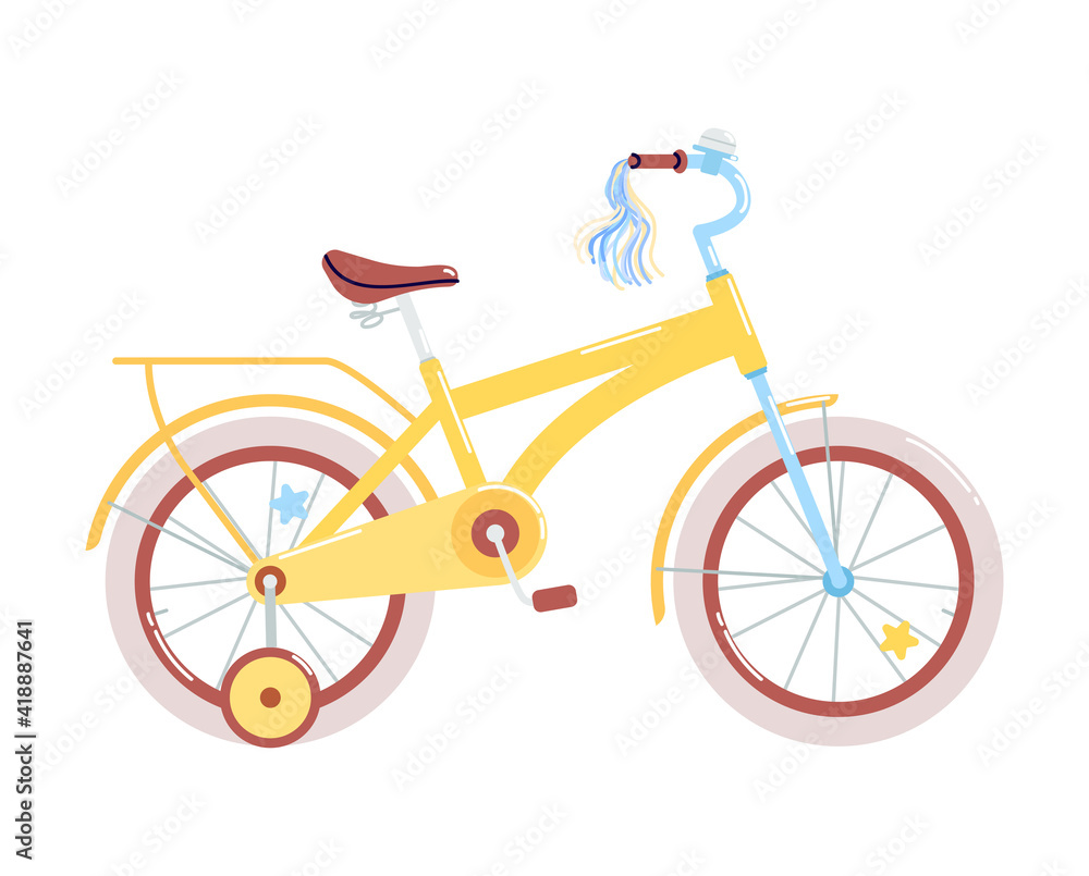 Fototapeta premium Yellow four-wheeled bicycle with a trunk. Cartoon bike with additional removable wheels. Vehicle illustration vector isolated on white background.