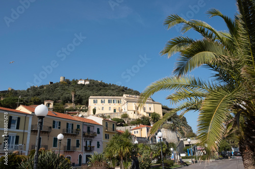 the fortification of the castle of Noli, in the homonymous town of the Ligurian Riviera, on a warm winter day