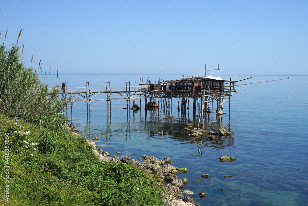 Traditional trabucco, wooden fishing house on platform, Abruzzo, Italy, fishing or travel concept