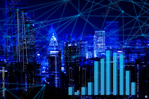 Double business network trading on city technology background. 