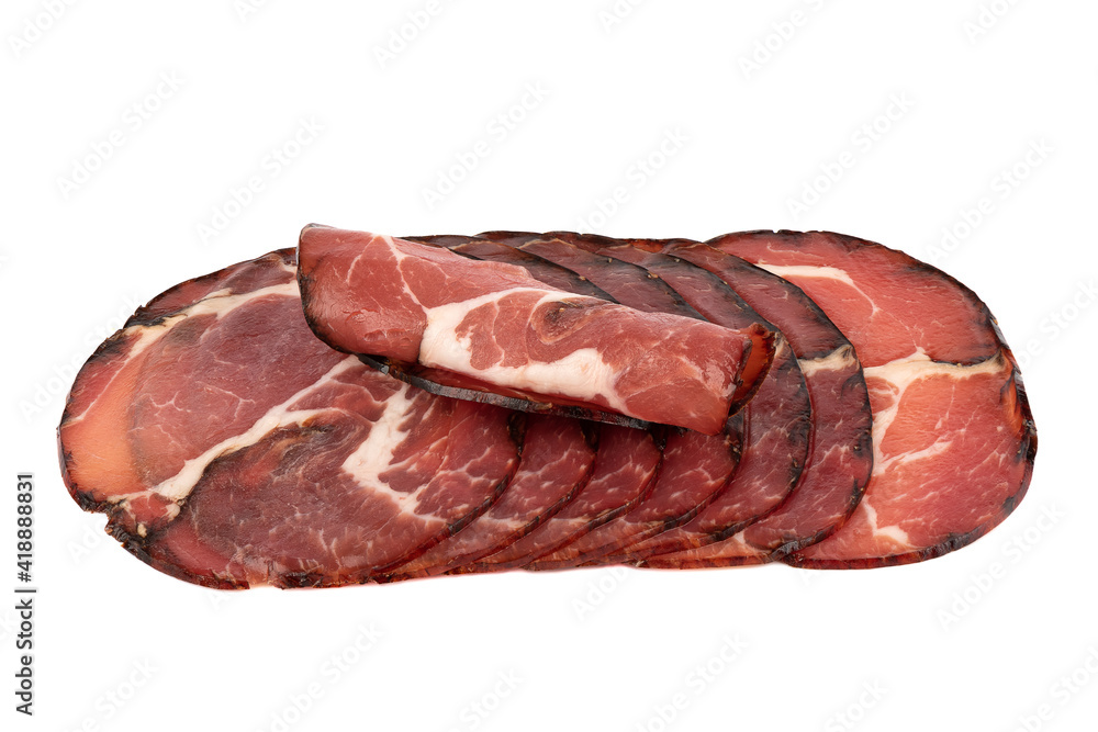 Dried smoked pork neck isolated on white background. One piece rolled up. Close up. Copy space. Dried smoked pork neck isolated on white background. One piece rolled up. Close up. Copy space.