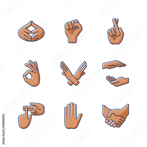 Hand gestures RGB color icons set. One finger - Pointing. Images of hands of dark-skinned people. Counting on fingers. Handshake. Crossed arm. Okay gesture.Isolated vector illustrations
