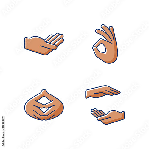 Hand gestures RGB color icons set. Okay gesture. Steeple hand. Two hands holding something. Images of hands of dark-skinned people. Finger-tips touching each other. Isolated vector illustrations