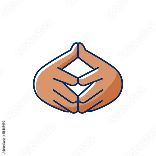 Steeple hand gesture RGB color icon. Feel confident about what is going on. Self confidence. Images of hands of dark-skinned people. Finger-tips touching each other. Isolated vector illustration