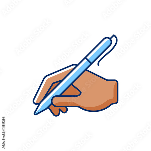 Hand writing with pen RGB color icon. Ability to write correctly. Letter writing. Images of hands of dark-skinned people. Signature of documents. Place for signature. Isolated vector illustration