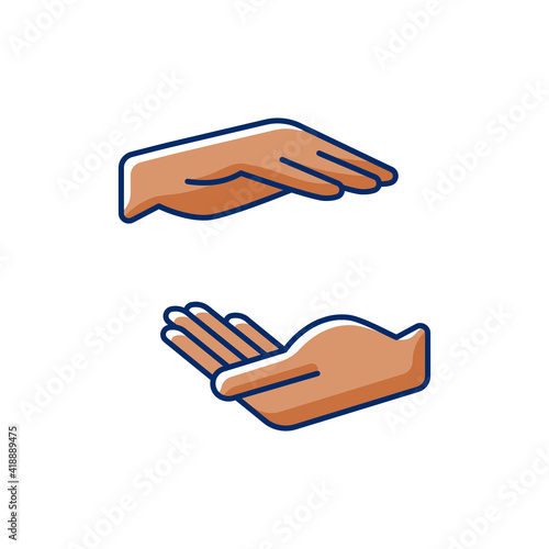 Two hands holding something RGB color icon. Images of hands of dark-skinned people. Free space for the premises of the object. Empty space between hands. Maternal care. Isolated vector illustration